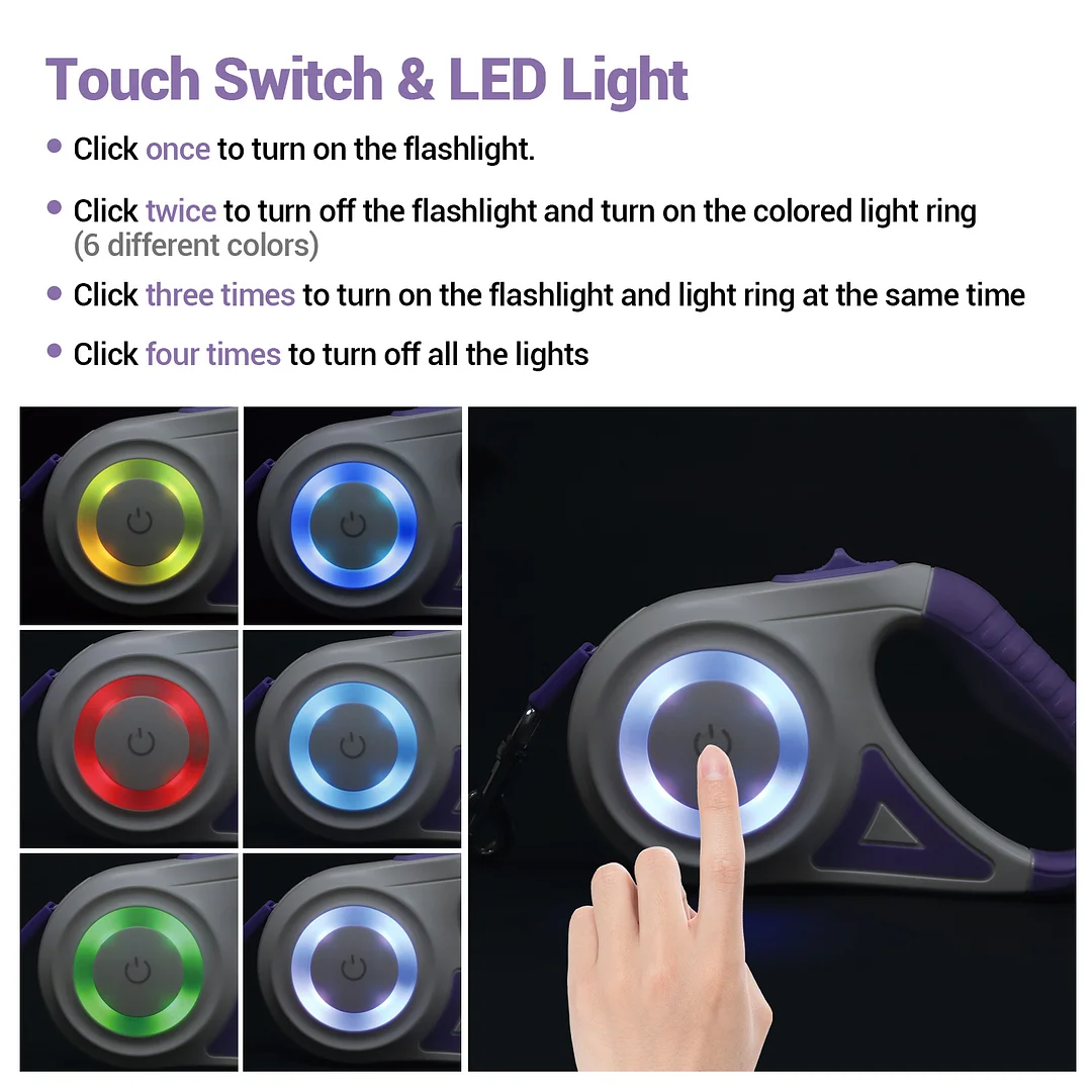 BEBANG Retractable Dog Leash, 16ft with Light, Anti-Slip Handle, One Button Brake & Lock Tangle-Free