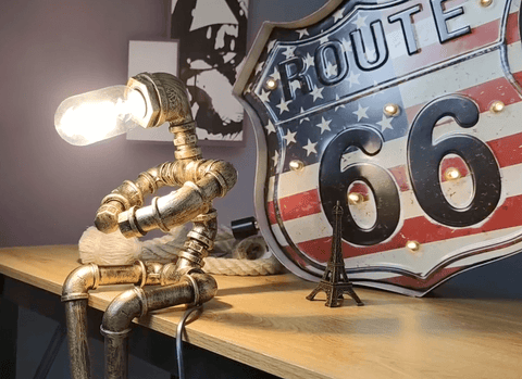 steampunk pipe robot lamp, side table lamp, desk lamp, bed lamp