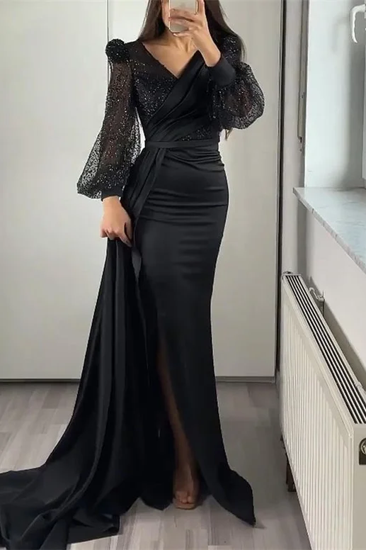 Miable Mermaid Sequins V-Neck Long Sleeves Split Evening Dress With Ruffle