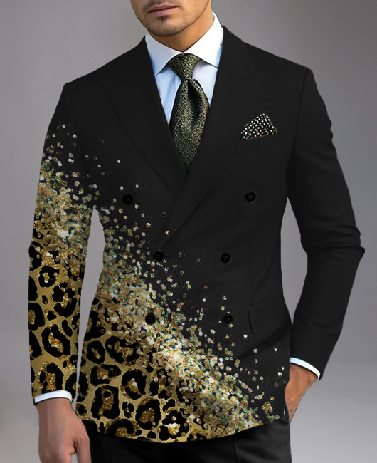 Business Patchwork Leopard Sparkly Print Peaked Lapel Double Breasted Blazer