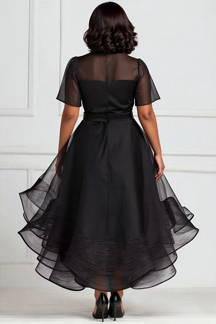 Xpluswear Design Plus Size Cocktail Party Black Round Neck Short Sleeve Ruffle Elegant 3D Organza Maxi Dresses [Pre-Order]