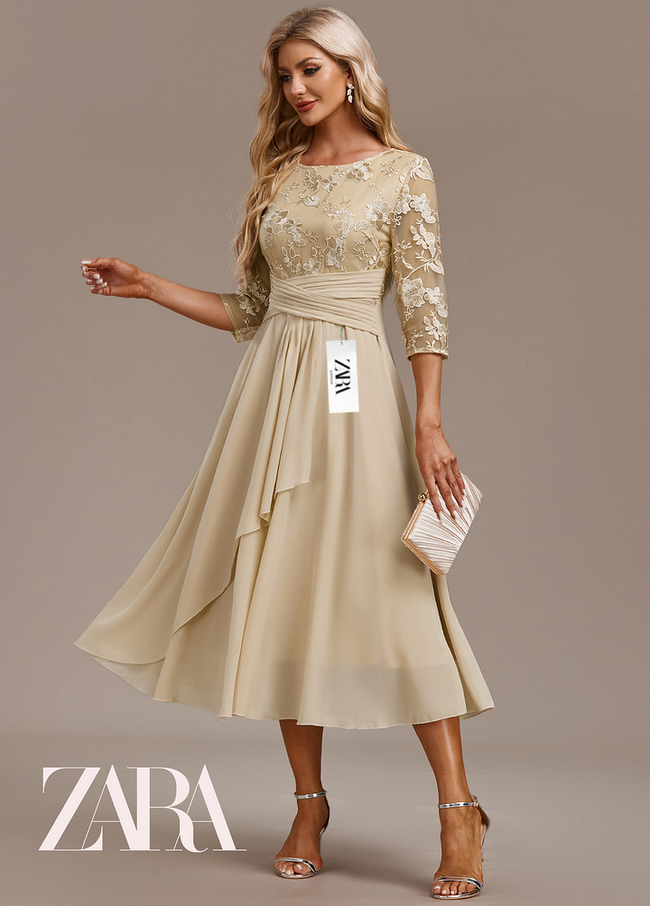 ZARA nowa sukienka z szyfonu z haftowanymi rękawami i okrągłym dekoltem