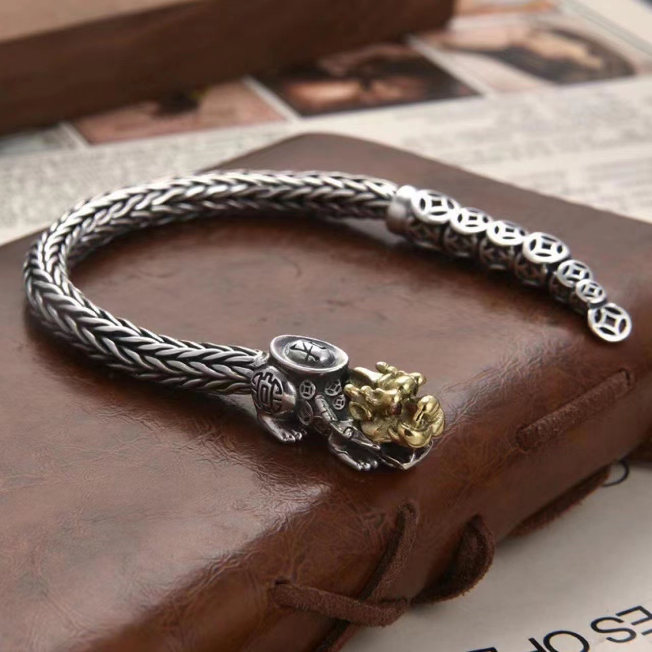 925 Silver Pure Handmade Pixiu Knitting Trendy Male Retro Ethnic Style Bracelet