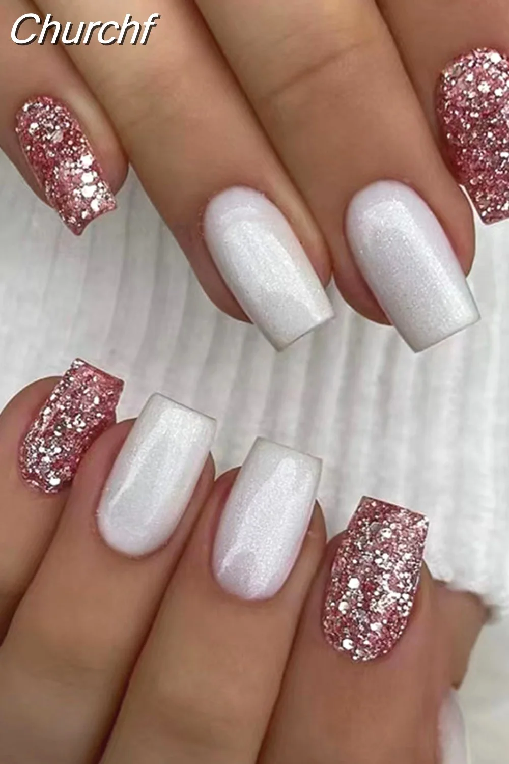 Churchf Drill False Nails Set Simple French Short Square Head Nails Manicure Fashion Full Cover Fake Nail Tips Press on Nails-Nail Inspo