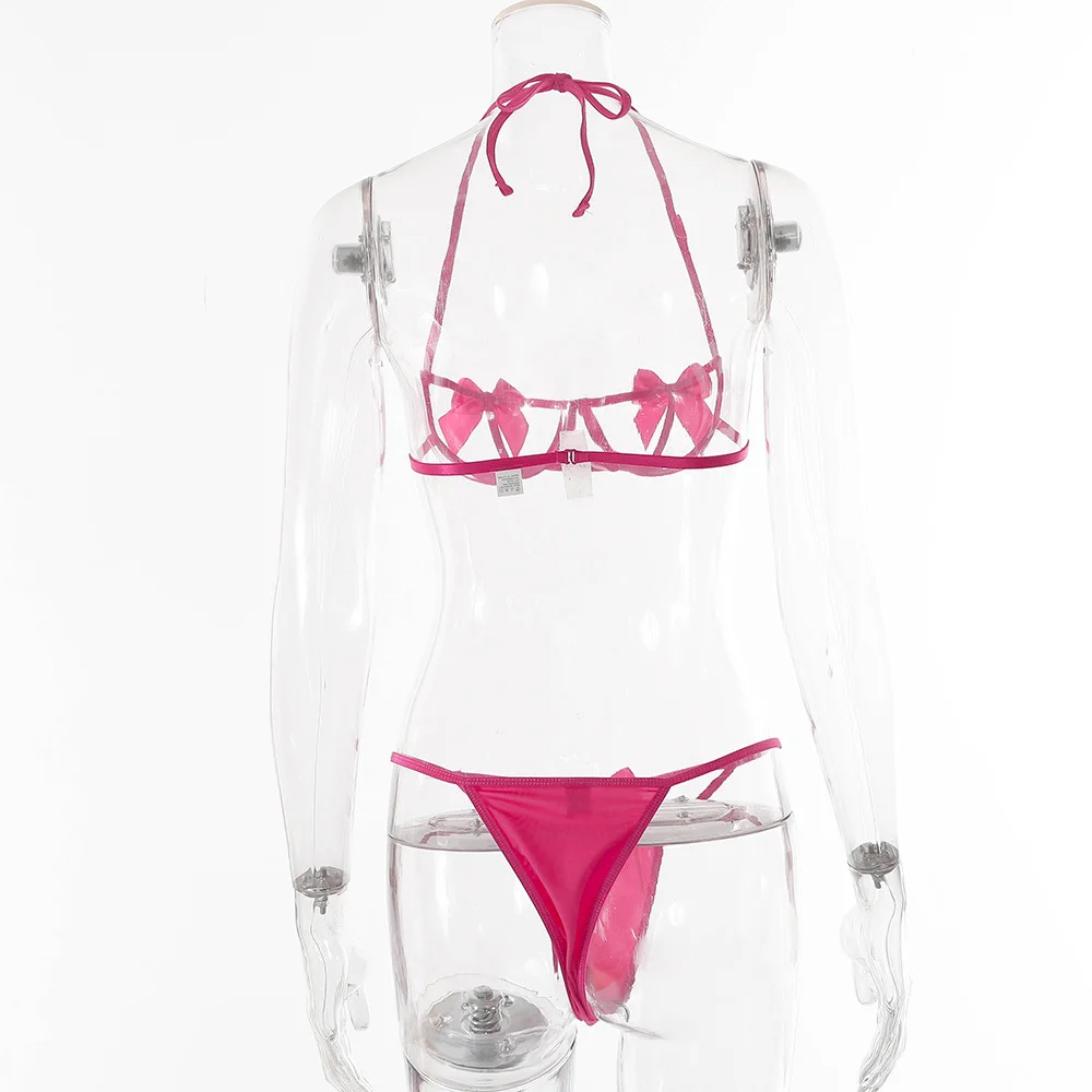 Billionm Women Lace Lingerie Red Bow Knot Transparent Bra and Panty Set Lenceria Para Mujer See Through Femme Ropa Interior 2021 Sexy