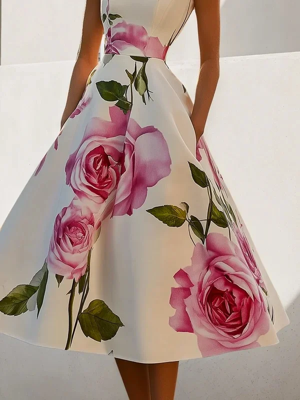 Short Sleeves Skinny Flower Print Stand Collar Midi Dresses