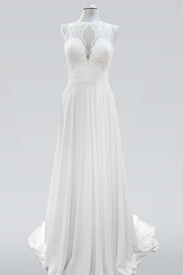  Long A-line Chiffon Jewel Open Back Wedding Dress with Ruffles Appliques - ohprom