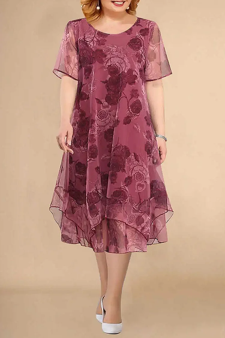 Flycurvy Plus Size Formal Fuchsia Chiffon Floral Print Layered Tea-Length Dress  Flycurvy [product_label]