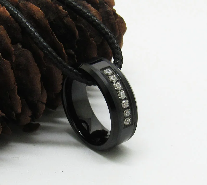 6MM 8MM Mens Tungsten Carbide Rings White Tungsten Carbon Fiber Polished Beveled Edge CZ Stone Channel