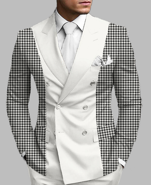 Business Peaked Lapel Double Breasted Houndstooth Patchwork Blazer