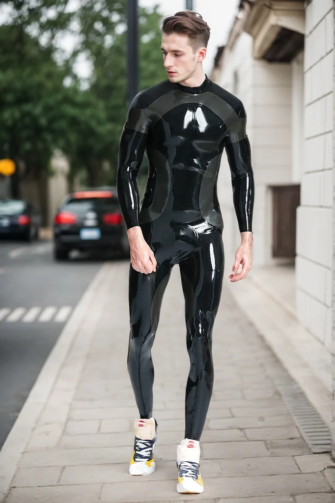 Men Latex Catsuits Male Tronation Catsuit Classic Black Creative Pattern (KG31380)