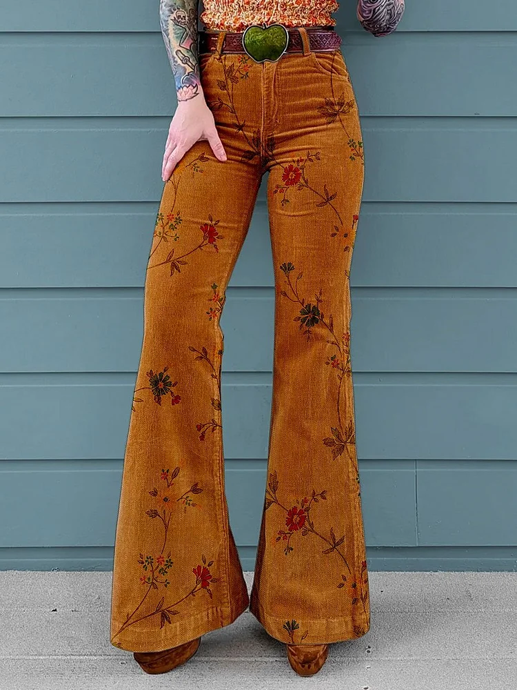 Women's Vintage Flower Print Mid Waist Buttoned Hem Bootcut Jeans Without Belt