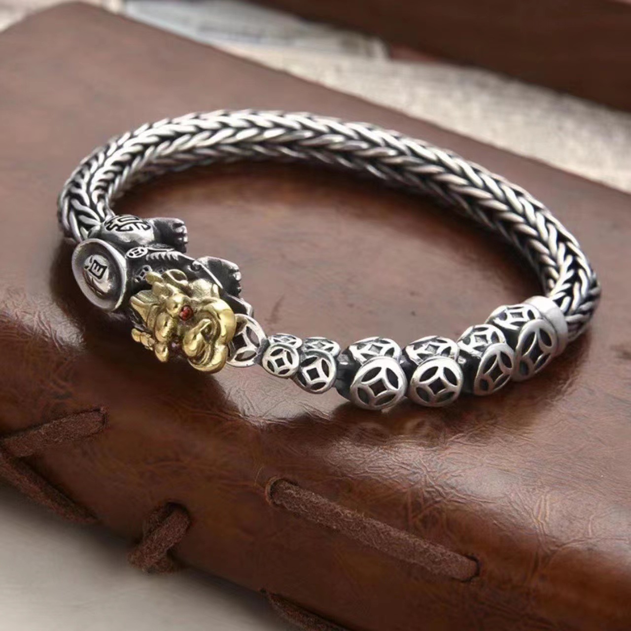 925 Silver Pure Handmade Pixiu Knitting Trendy Male Retro Ethnic Style Bracelet
