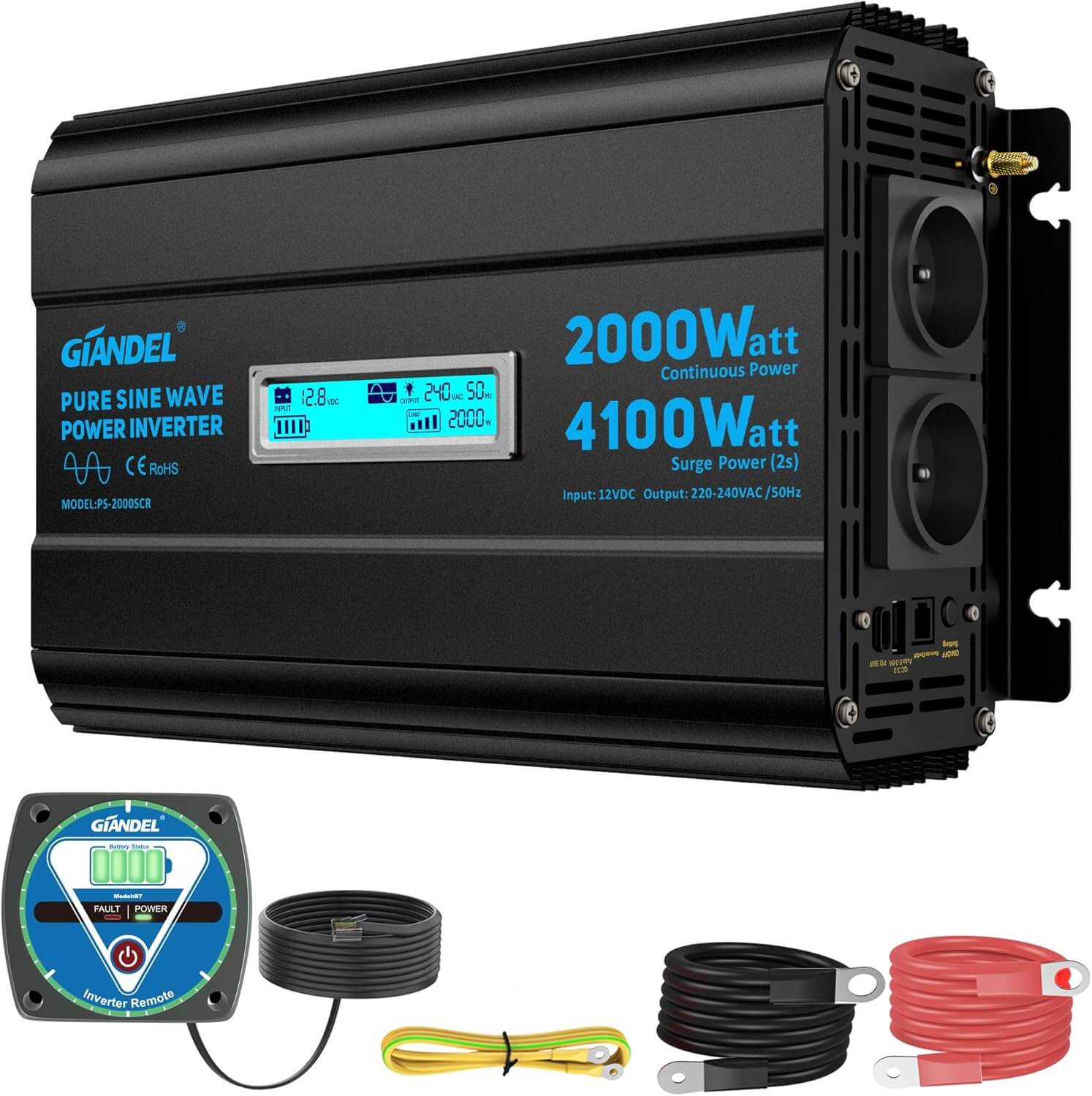 2000W Pur Sinus Onduleur 12V 220V 240V Convertisseur 4100W pendant 2 secondes