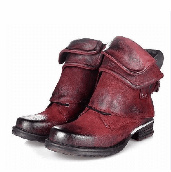 VCSHOES Leather Low Chunky Heel Round Toe Ankle Boots