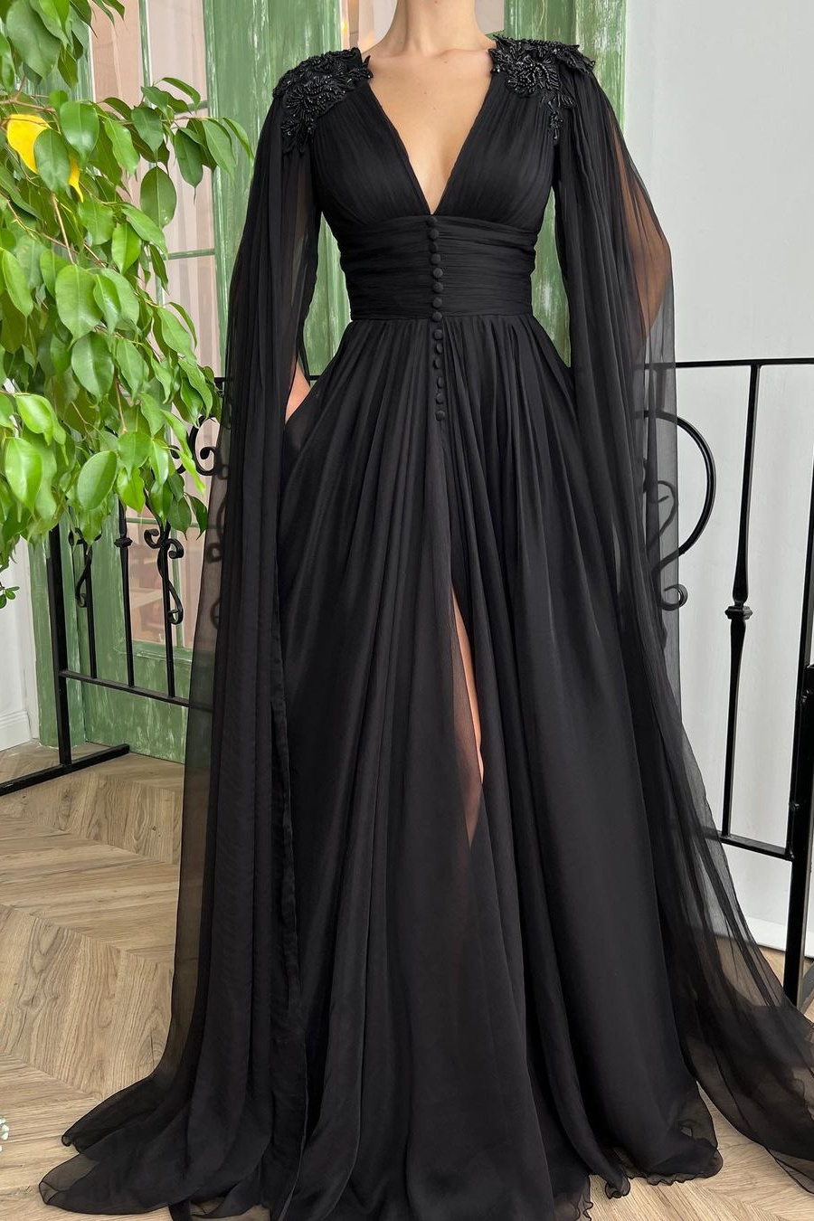 Lana Sleeved Gown - Black