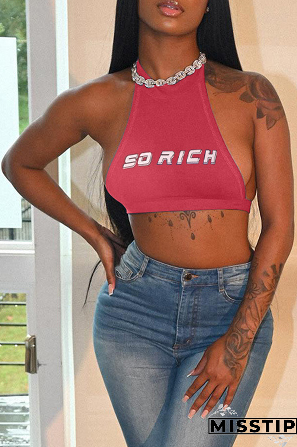 Black Casual Print Letter Halter Tops