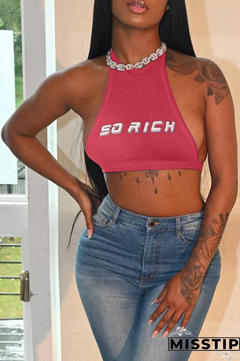 Black Casual Print Letter Halter Tops