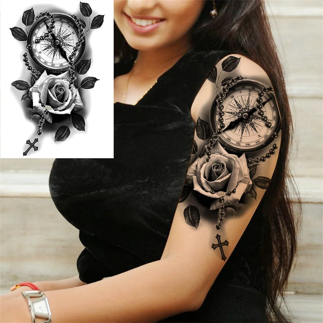 Flower Skull Temporary Tattoos For Women Men Adults Evil Skeleton Tattoo Sticker Fake Lavender Big Rose Black Tatoos Body Thigh