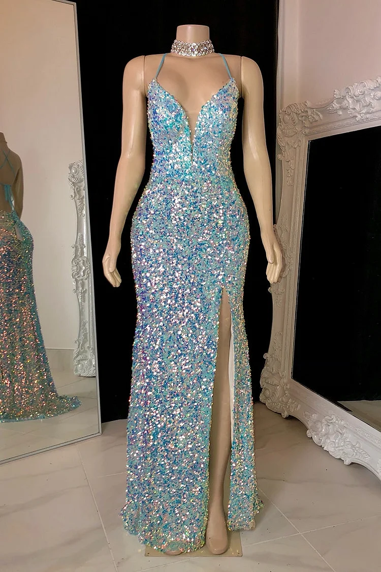 Amazing Spaghetti Straps Slit Sequins Evening Dress With Necklace | Ballbellas Ballbellas