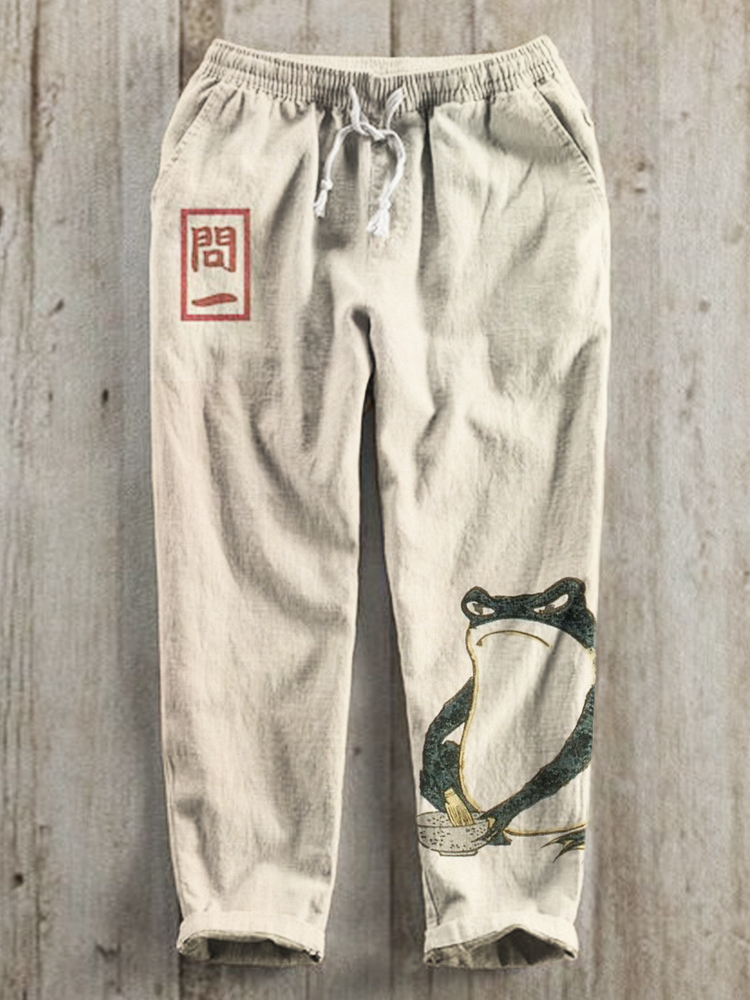 Japanese Art Angry Frog Print Linen Drawstring Trousers