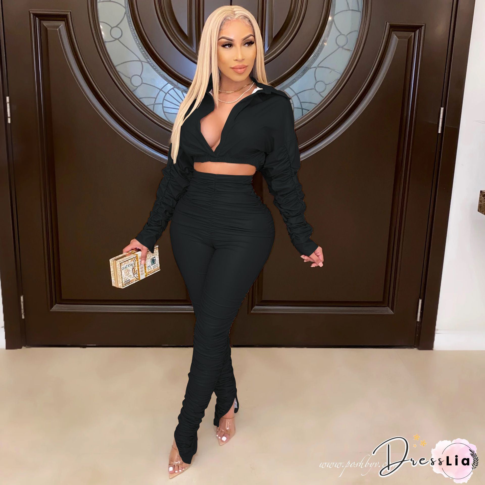 Flare Sleeve Wrinkle Short Jacket+Skinny Flare Legs Suits