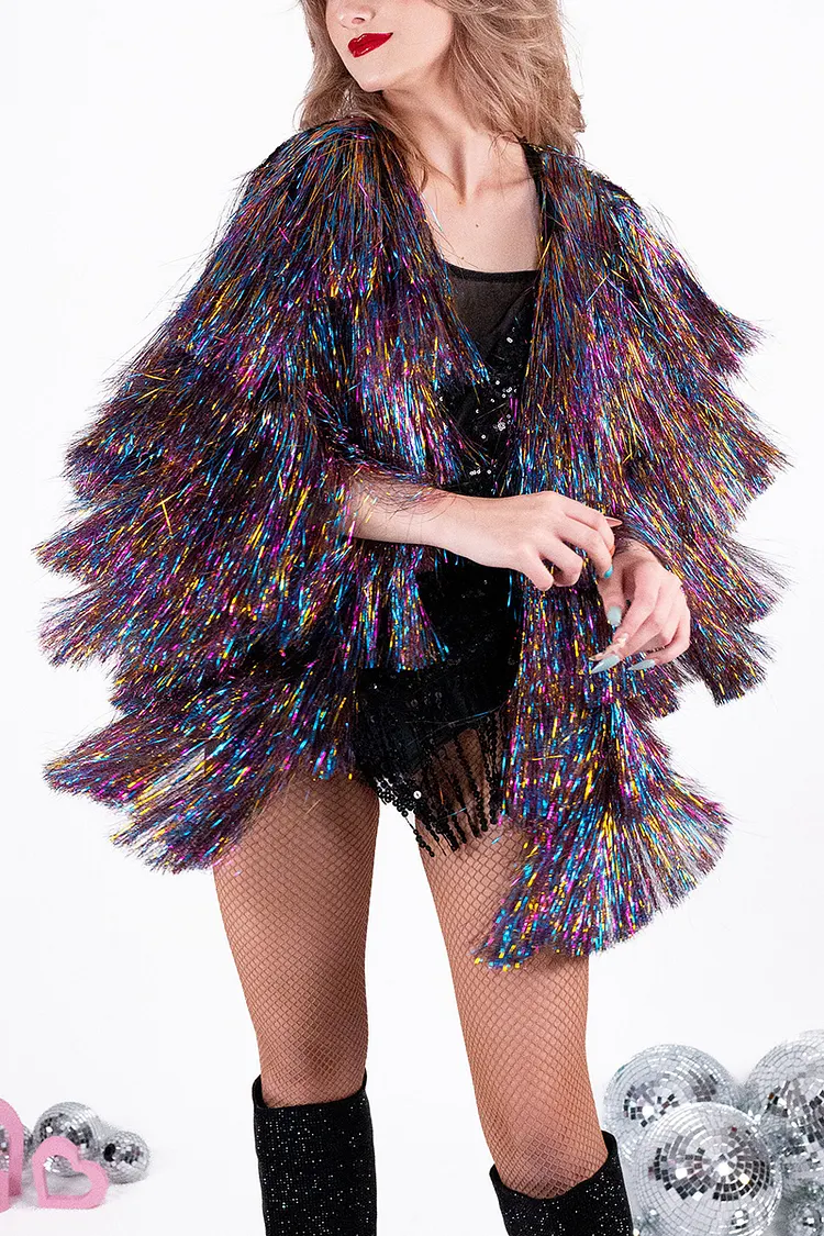 Ciciful Tinsel Fringe Reflective Rainbow Festival Disco Swing Jacket