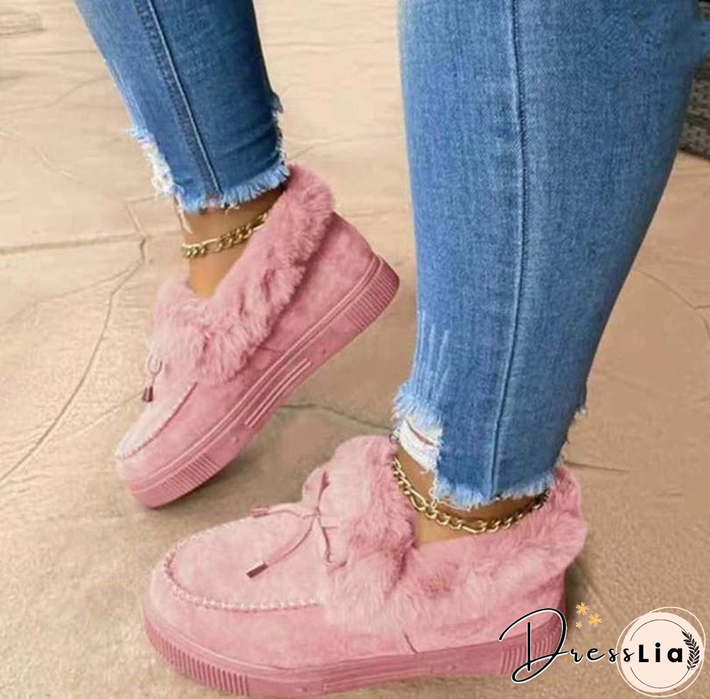 Women Bowknot Suede Faux Fur Moccasin Shoes Warm Lightweight Slippers Non-Slip Platform Shoes Winter Cute Soft Snow Boots Casual Suede Flat Plush Shoes