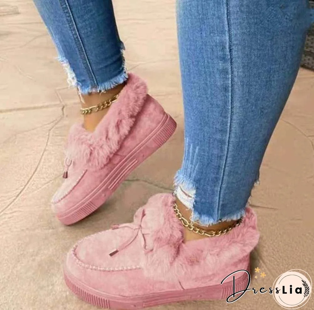 Women Bowknot Suede Faux Fur Moccasin Shoes Warm Lightweight Slippers Non-Slip Platform Shoes Winter Cute Soft Snow Boots Casual Suede Flat Plush Shoes