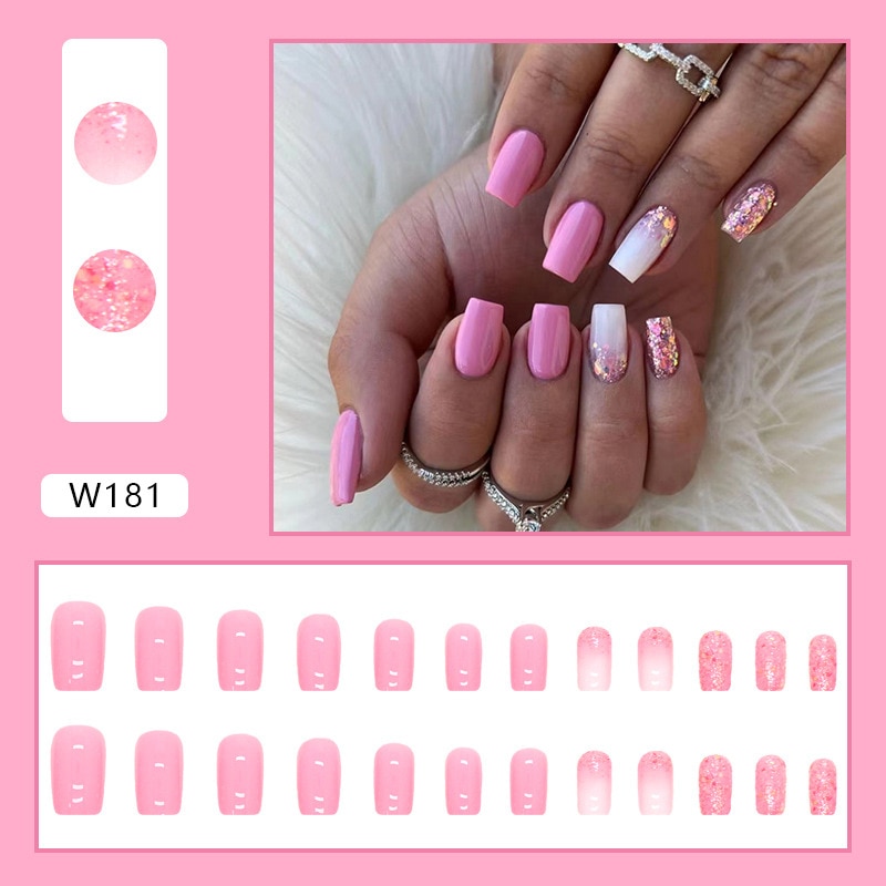 Nail Full Cover Fake Nail Pink Glitter Wearable French Short Nails ...