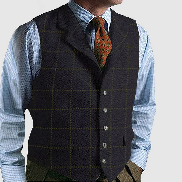 Men’s Vintage Plaid Basic Lapel Sleeveless Vest