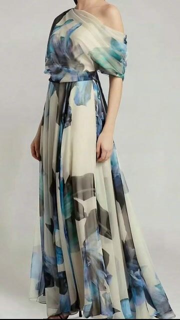 French Sky Blue Asymmetrical Print Chiffon Long Dresses Summer