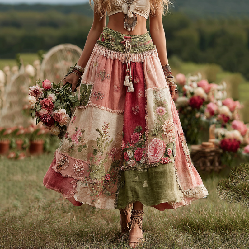 Vintage Boho Rózsaszín Virágmintás Patchwork Művészeti Lógó Len Szoknya