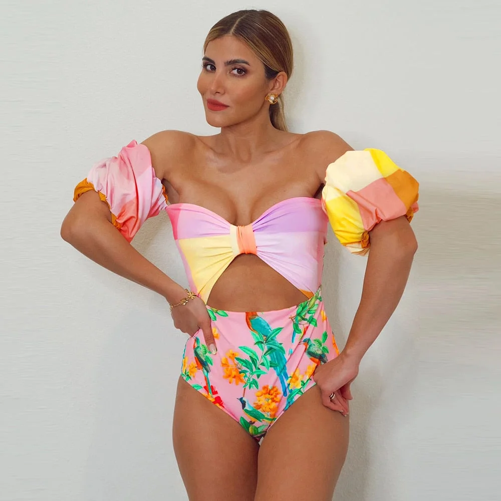 2022 New One Piece Swimsuit Print Retro Long Sleeve Swimwear Women Bandage Floral Bathing Suits Strappy Backless Beach Wear