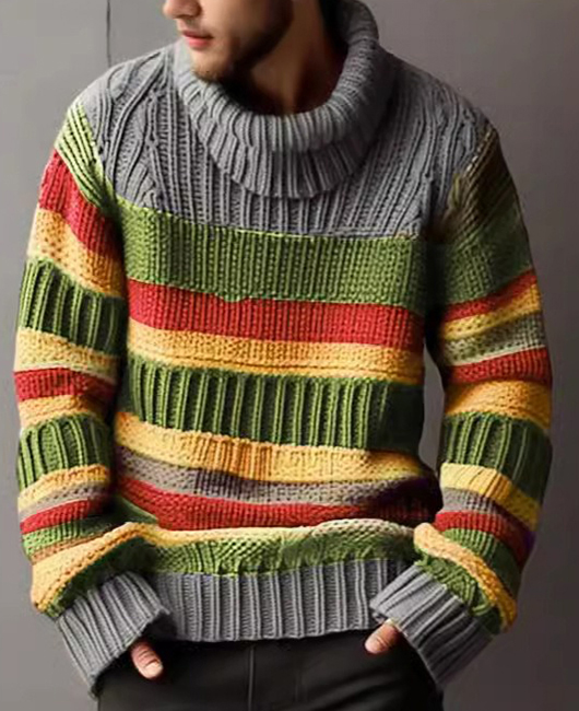 Casual Knitted Striped High Neck Long Sleeve Sweater