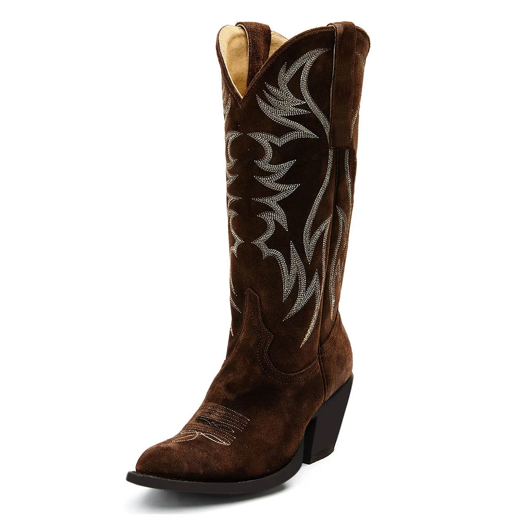 Dark Brown Pointed Toe Embroidered Mid-Calf Cowgirl Boots for Women