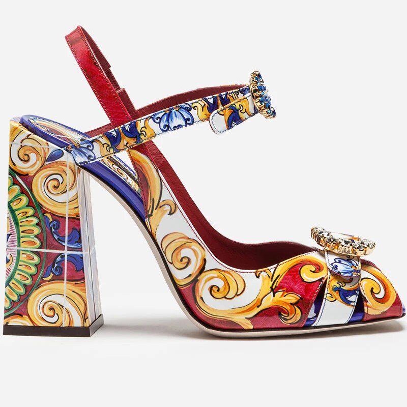 VCSHOES Coloured Printing Sandal Thick Heels Diamond Party Sandalia Chunky High Heel Sandals Pearl Wedding Shoes Women