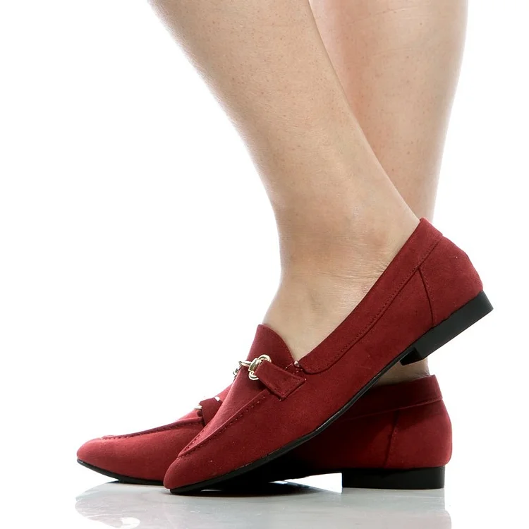 Dark Red Round Toe Flats Vegan Suede Horsebit Women's Loafers |FSJ Shoes