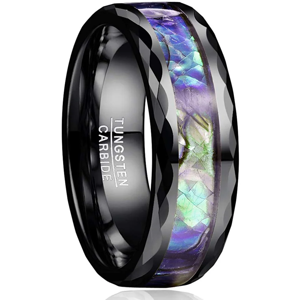 8MM Men Women Black Abalone Shell Tungsten Carbide Unisex Wedding Bands Faceted Edge Comfort Fit Couple