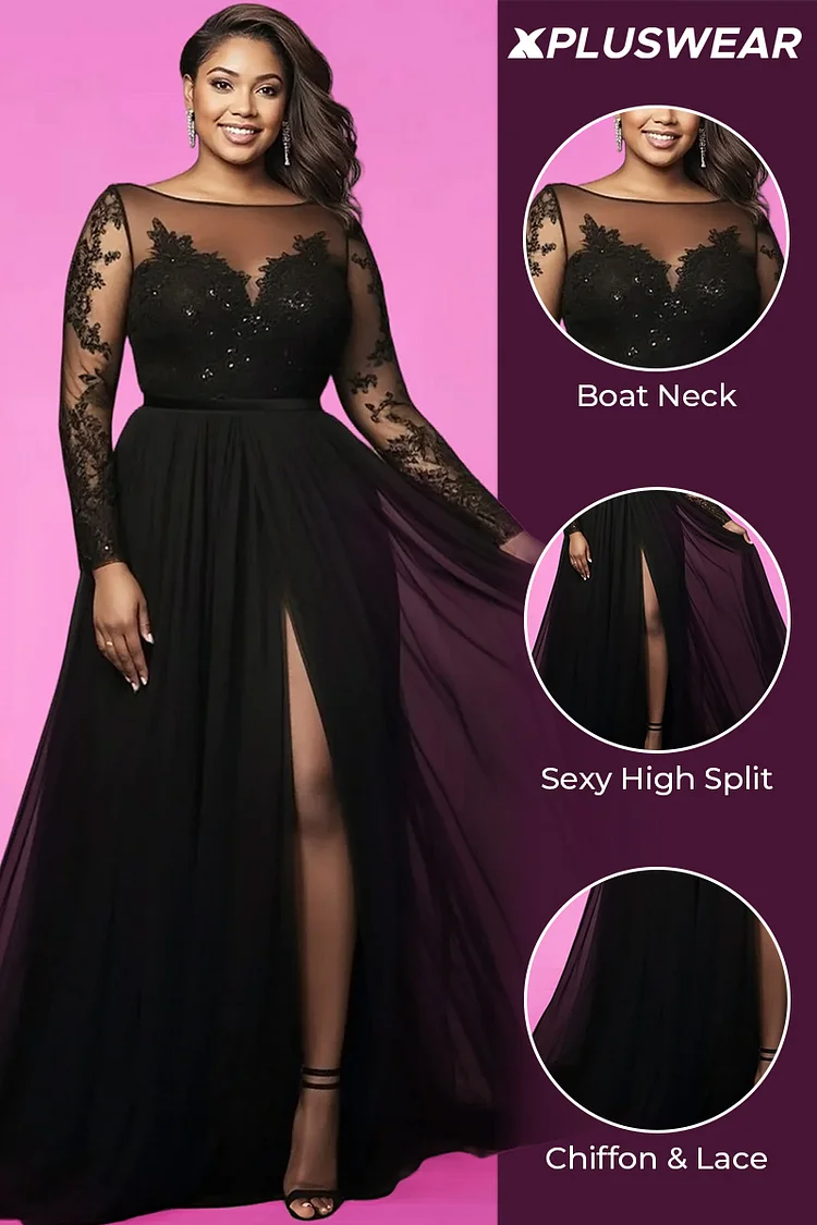 Xpluswear Design Plus Size Wedding Black Boat Neck Long Sleeve See Through Elegant Split Chiffon Lace Maxi Dresses [Pre-Order]