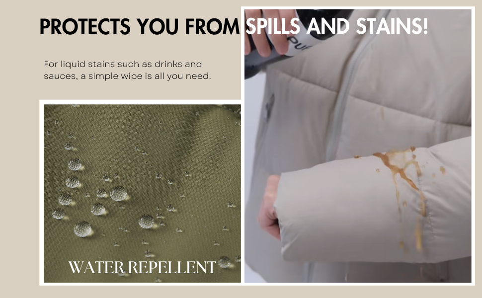 Demonstration of water-repellent fabric: water beading on green material and coffee spill resistant on light-colored fabric.