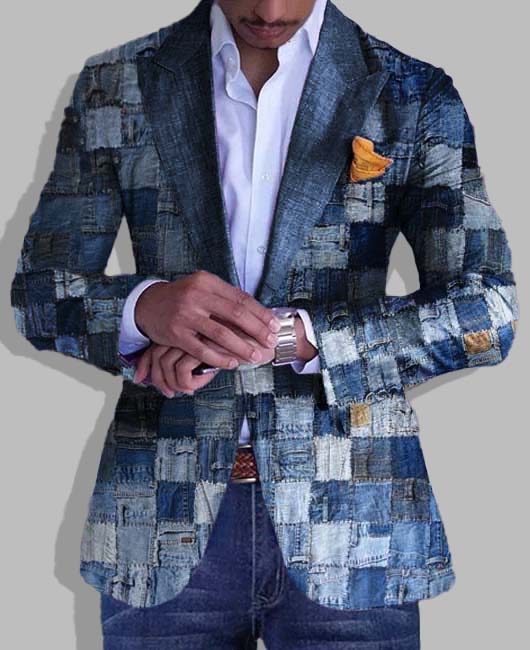 Denim Pattern Turndown Collar Chest Pocket Blazer