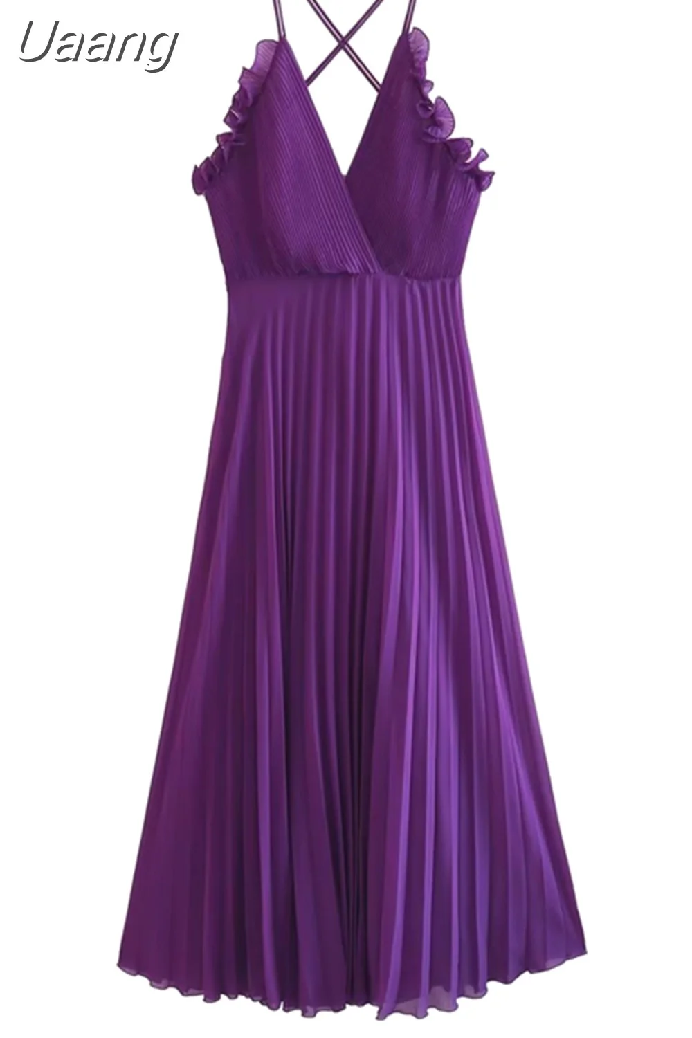 Uaang Pleat Midi Dress Women Elegant Backless Camisole Dresses Chic Lady Robe Female Clothing 2023 Summer New