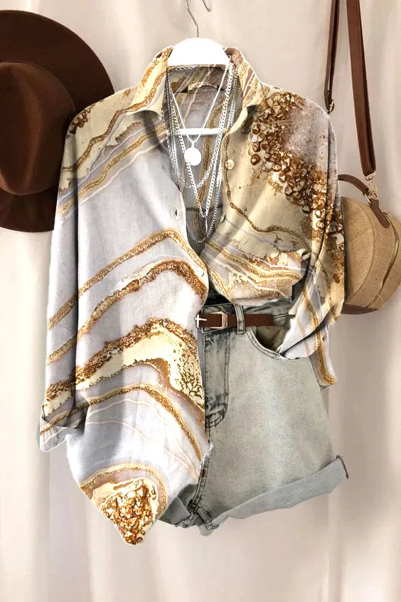 Women's Art Print Long Sleeve Lapel Shirt Top socialshop