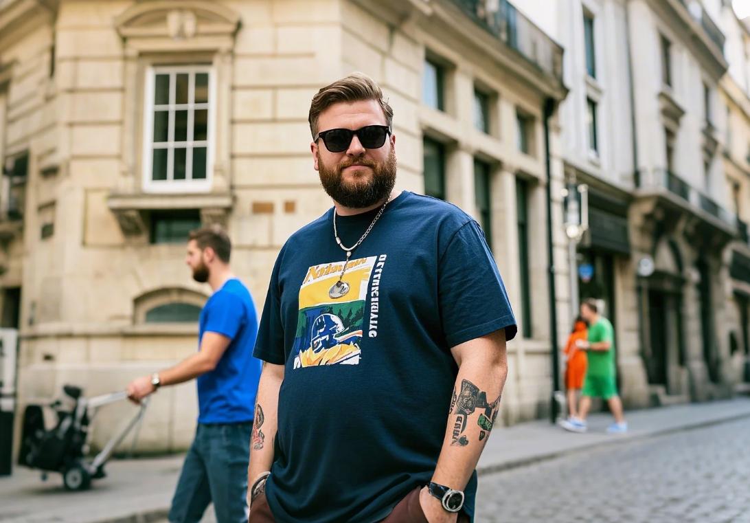 a men with big men’s urban fashion look of the balanced color