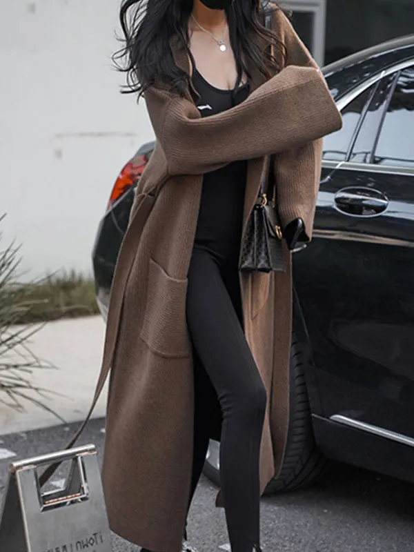 Tied Long Sleeve Hooded Coat with Pockets