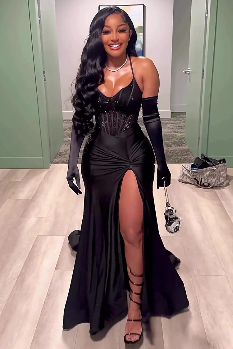 Halter Mermaid Hem High Slit Party Corset Maxi Dresses-Black [Pre Order]