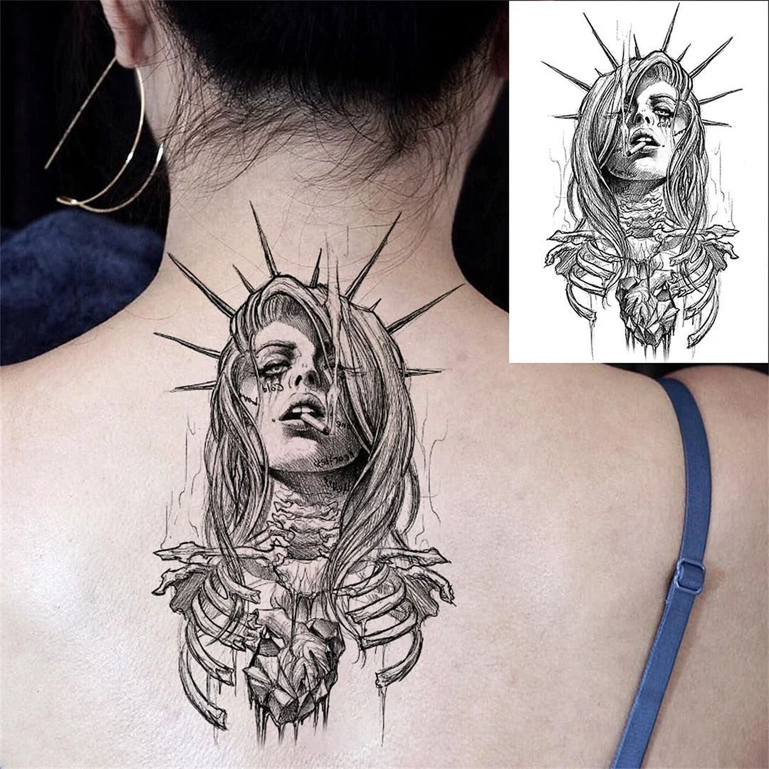 Flower Skull Temporary Tattoos For Women Men Adults Evil Skeleton Tattoo Sticker Fake Lavender Big Rose Black Tatoos Body Thigh