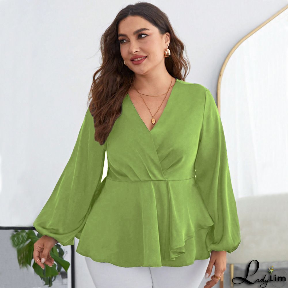 Elegant Plain Surplice Neck Long Sleeve Lace Up Blouse