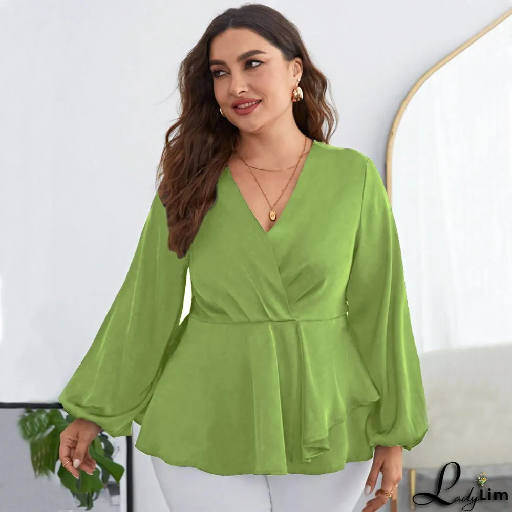 Elegant Plain Surplice Neck Long Sleeve Lace Up Blouse